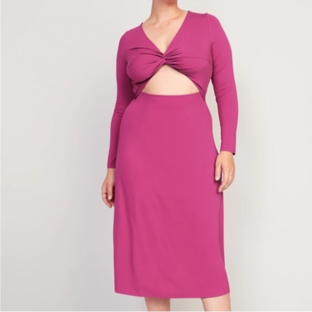 Old Navy Women L Raspberry Tart Fit & Flare Twist-Front Cutout Midi Dress NWT